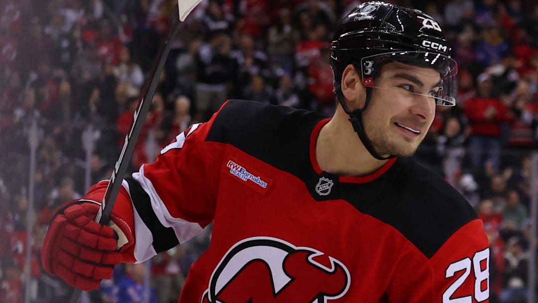 Dec 23, 2024; Newark, New Jersey, USA; New Jersey Devils right wing Timo Meier (28) celebrates his goal against the New York Rangers during the second period at Prudential Center. Mandatory Credit: Ed Mulholland-Imagn Images