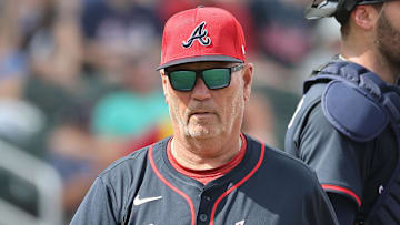 Mar 1, 2025; North Port, Florida, USA;  Atlanta Braves manager Brian Snitker (43) looks on during the fifth inning against the Toronto Blue Jays at CoolToday Park. Mandatory Credit: Kim Klement Neitzel-Imagn Images