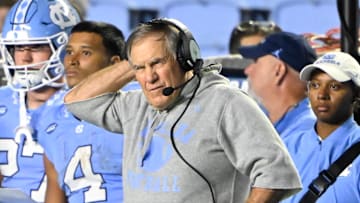 Sep 1, 2025; Chapel Hill, North Carolina, USA;  North Carolina Tar Heels head coach Bill Belichick on the sidelines in the fourth quarter at Kenan Stadium. Mandatory Credit: Bob Donnan-Imagn Images