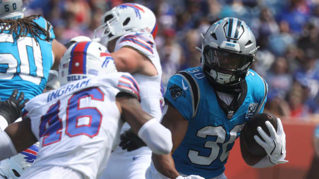 Chuba Hubbard during the first half of the preseason game. Tina MacIntyre-Yee/Democrat and Chronicle / USA TODAY NETWORK