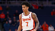Nov 18, 2025; Syracuse, New York, USA; Syracuse Orange guard Kiyan Anthony (7) controls the ball against the Monmouth Hawks during the second half at the JMA Wireless Dome. Mandatory Credit: Rich Barnes-Imagn Images