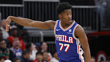 Nov 4, 2025; Chicago, Illinois, USA; Philadelphia 76ers guard VJ Edgecombe (77) reacts after scoring against the Chicago Bulls during the first half at United Center. Mandatory Credit: Kamil Krzaczynski-Imagn Images