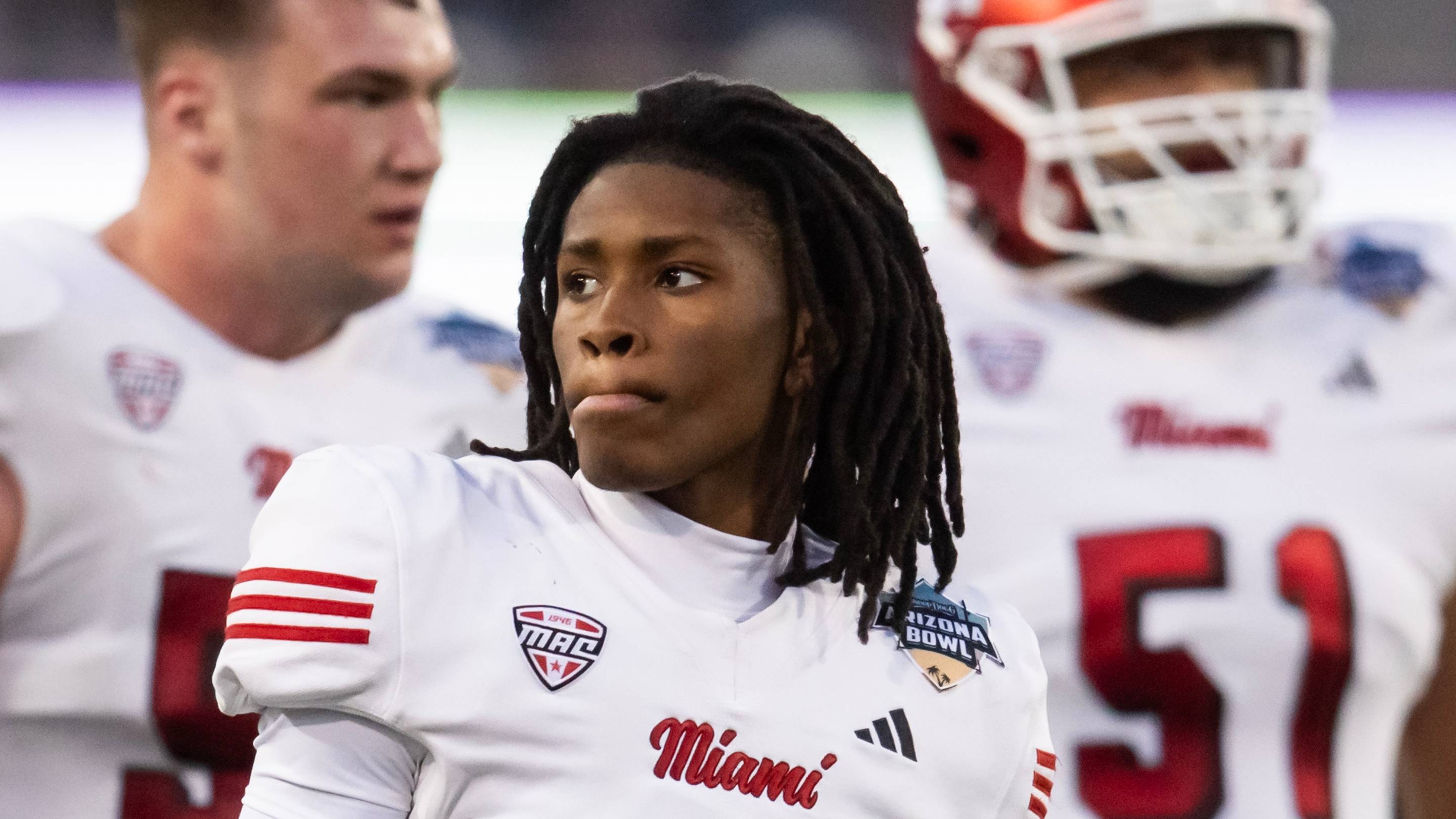 Dec 28, 2024; Tucson, AZ, USA; Miami (OH) RedHawks wide receiver Kam Perry (10) against the Colorado State Rams during the Snoop Dogg Arizona Bowl at Arizona Stadium. Mandatory Credit: Mark J. Rebilas-Imagn Images