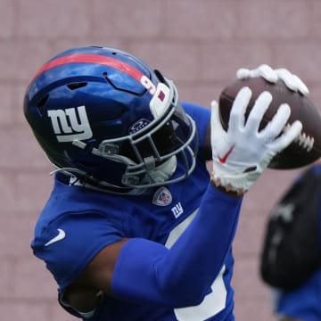 East Rutherford, NJ -- June 11, 2024 -- Wide receiver Malik Nabers at the NY Giants Mandatory Minicamp at their practice facility in East Rutherford, NJ.