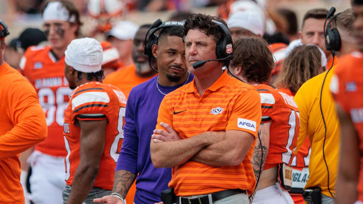 Aug 31, 2024; Stillwater, Oklahoma, USA; Oklahoma State Cowboys coach Mike Gundy on the sidelines during the fourth quarter against the South Dakota State Jackrabbits at Boone Pickens Stadium. Mandatory Credit: William Purnell-USA TODAY Sports