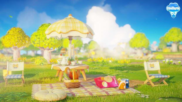 Floatopia screenshot of picnic equipment on sunny grassland.