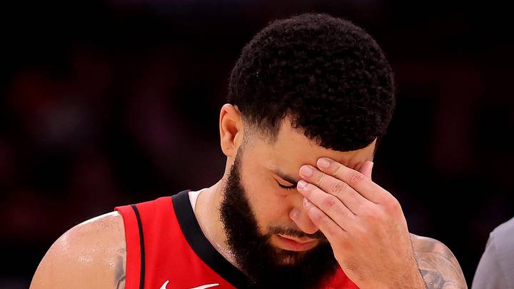 Dec 29, 2024; Houston, Texas, USA; Houston Rockets guard Fred VanVleet (5) is escorted off the court after being ejected against the Miami Heat during the fourth quarter at Toyota Center. Mandatory Credit: Erik Williams-Imagn Images
