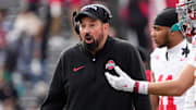 Nov 4, 2023; Piscataway, New Jersey, USA; Ohio State Buckeyes head coach Ryan Day reacts after a punt during the first half of the NCAA football game against the Rutgers Scarlet Knights at SHI Stadium.