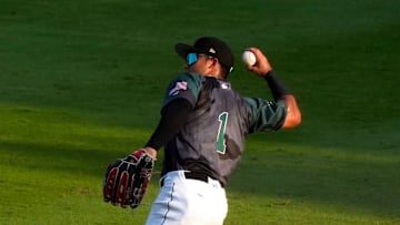 July 12, 2025; North Augusta, South Carolina, USA; GreenJacket outfielder Luis Guanipa (1) throws the ball during the 19th annual Military Appreciation game at SRP Park. The Augusta GreenJackets faced off against the Salem Red Sox. Salem won 9-2. Mandatory Credit: Katie Goodale - Augusta Chronicle/USA TODAY NETWORK