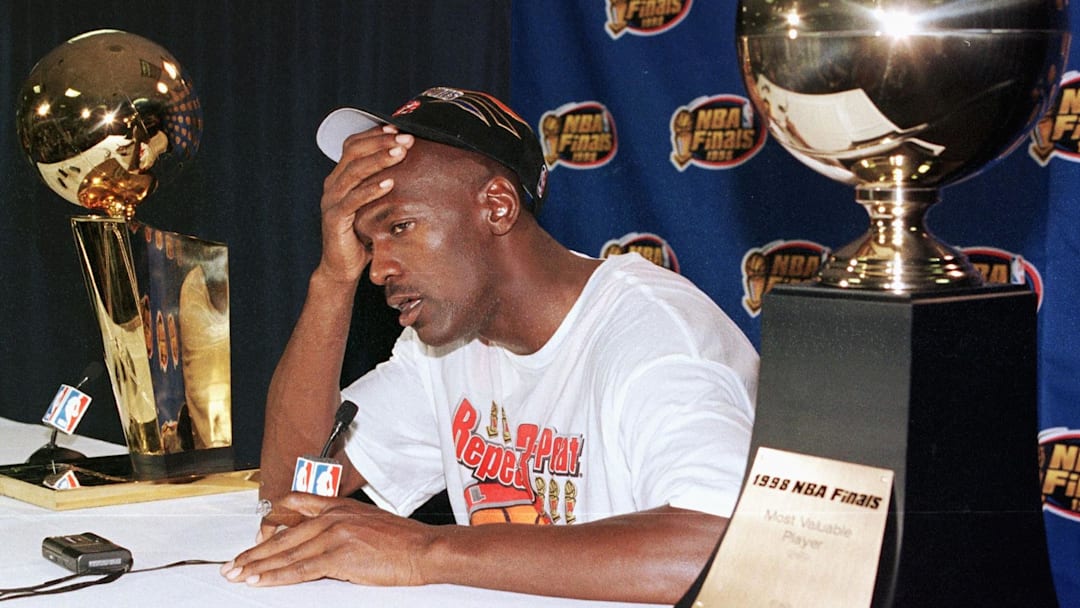 Michael Jordan of the Chicago Bulls talks to the m Michael Jordan of the Chicago Bulls talks to the m