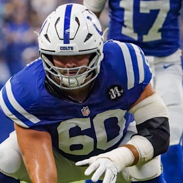 Indianapolis Colts guard Tanor Bortolini (60) hikes the ball to Indianapolis Colts quarterback Daniel Jones (17) on Saturday, Aug. 16, 2025, during a game against the Green Bay Packers at Lucas Oil Stadium in Indianapolis.