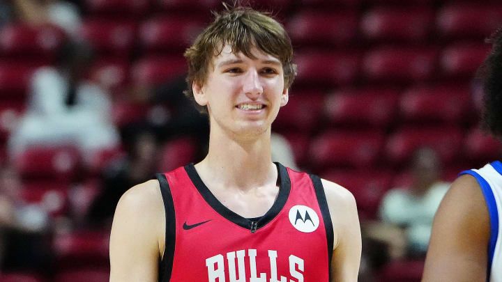 Jul 14, 2024; Las Vegas, NV, USA; Chicago Bulls forward Matas Buzelis (14) awaits a free throw attempt against the Golden State Warriors during the fourth quarter at Thomas & Mack Center. Mandatory Credit: Stephen R. Sylvanie-USA TODAY Sports