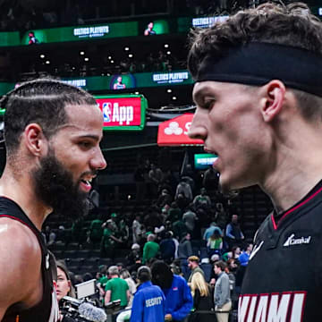 Apr 24, 2024; Boston, Massachusetts, USA; Miami Heat guard Tyler Herro (14) and forward Caleb Martin (16) react after defeating the Boston Celtics in game two of the first round for the 2024 NBA playoffs at TD Garden. Mandatory Credit: David Butler II-Imagn Images