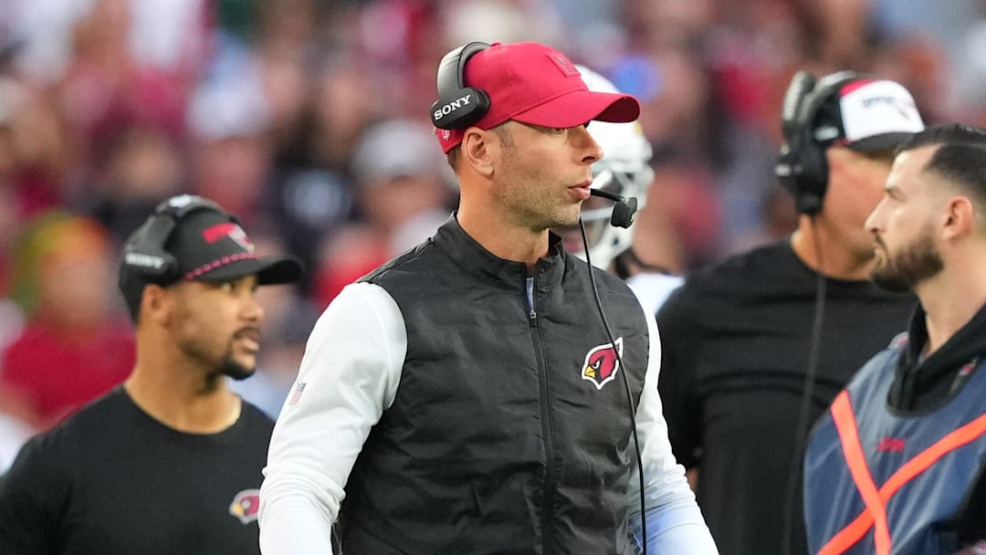 Dec 21, 2025; Glendale, Arizona, USA;  Arizona Cardinals head coach Jonathan Gannon stands on the sidelines against the Atlanta Falcons during the second half at State Farm Stadium. Mandatory Credit: Joe Camporeale-Imagn Images