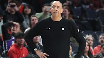 Oct 10, 2025; Portland, Oregon, USA; Sacramento Kings Head Coach Doug Christie watches his team play in the first half against Portland Trail Blazers at Moda Center. Mandatory Credit: Jaime Valdez-Imagn Images