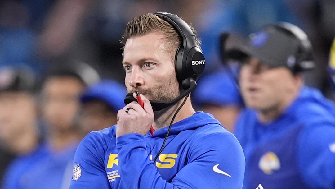 Jan 10, 2026; Charlotte, NC, USA; Los Angeles Rams head coach Sean McVay in the first half during the NFC Wild Card Round game at Bank of America Stadium. Mandatory Credit: Jim Dedmon-Imagn Images