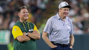 Green Bay Packers general manager Brian Gutekunst (left) and chairman Mark Murphy (right) share a laugh while watching practice during Family Night on Saturday, August 3, 2024, at Lambeau Field in Green Bay, Wis. 
Tork Mason/USA TODAY NETWORK-Wisconsin