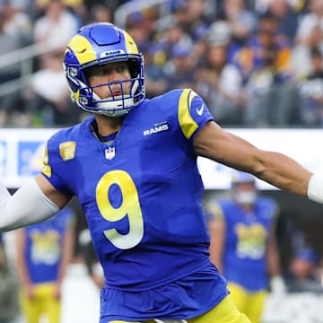 Nov 2, 2025; Inglewood, California, USA; Los Angeles Rams quarterback Matthew Stafford (9) throws a pass against the New Orleans Saints during the second half at SoFi Stadium. Mandatory Credit: Kiyoshi Mio-Imagn Images