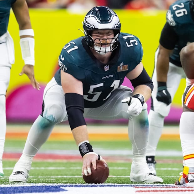 Philadelphia Eagles center Cam Jurgens against the Kansas City Chiefs during Super Bowl LIX at Caesars Superdome.
