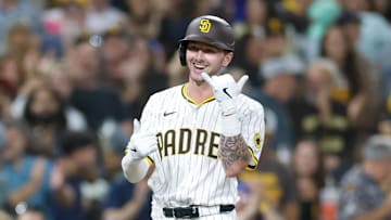 Jul 29, 2025; San Diego, California, USA;  San Diego Padres center fielder Jackson Merrill (3) celebrates after hitting an RBI triple during the sixth inning against the New York Mets at Petco Park. Mandatory Credit: David Frerker-Imagn Images