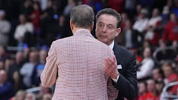 Mar 22, 2025; Providence, RI, USA; St. John's basketball head coach Rick Pitino and Arkansas Razorbacks head coach John Calipari shake hands as the Razorbacks won a second round men’s NCAA Tournament game at Amica Mutual Pavilion.