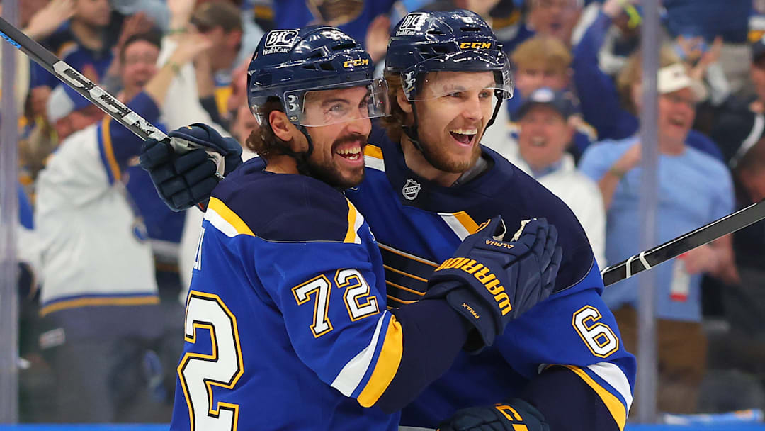 Justin Faulk and Philip Broberg celebrating a goal
