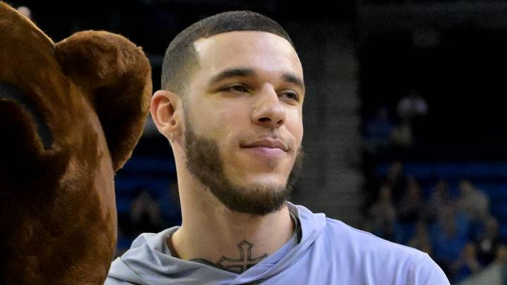 Feb 3, 2026; Los Angeles, California, USA;  Former UCLA Bruins Lonzo Ball is introduced to the crowd as the team's honorary captain for the game against the Rutgers Scarlet Knights at Pauley Pavilion presented by Wescom Financial. Mandatory Credit: Jayne Kamin-Oncea-Imagn Images
