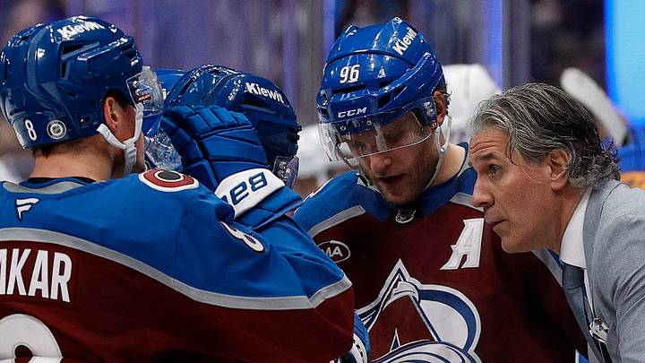 Jan 2, 2025; Denver, Colorado, USA; Colorado Avalanche head coach Jared Bednar talks with defenseman Cale Makar (8) and right wing Mikko Rantanen (96) during a timeout in the third period against the Buffalo Sabres at Ball Arena. Mandatory Credit: Isaiah J. Downing-Imagn Images