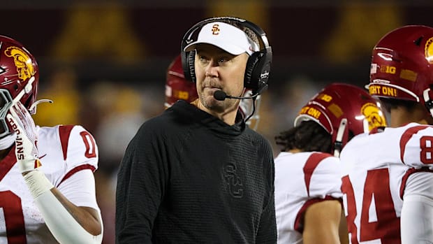 USC Trojans head coach Lincoln Riley looks on during the first half against the Minnesota Golden Gophers