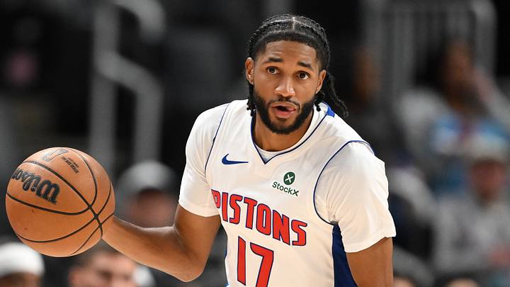Oct 5, 2026; Detroit, Michigan, USA;  Detroit Pistons guard Isaiah Joe (17) takes the ball up the court against the Phoenix Suns in the first quarter at Little Caesars Arena.  Mandatory Credit: Lon Horwedel-Imagn Images