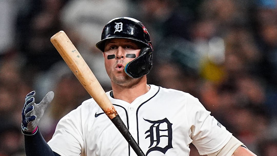 Detroit Tigers first base Spencer Torkelson (20) reacts after striking out against Mariners during the sixth inning of ALDS Game 3 at Comerica Park in Detroit on Tuesday, Oct. 7, 2025.