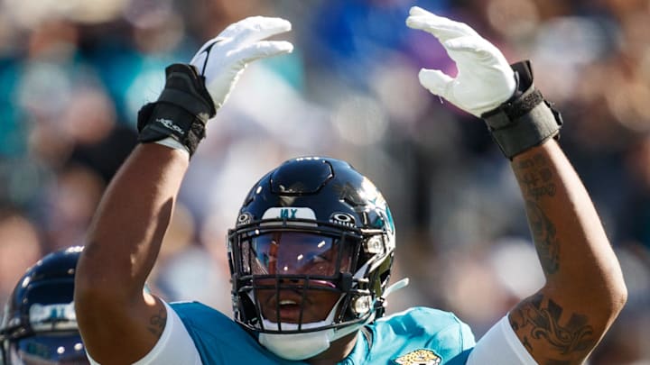 Dec 31, 2023; Jacksonville, Florida, USA; Jacksonville Jaguars outside linebacker Travon Walker (44) against the Carolina Panthers during the first quarter at EverBank Stadium. Mandatory Credit: Morgan Tencza-Imagn Images