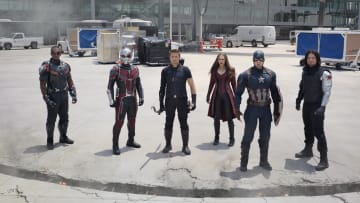 Marvel's Captain America: Civil War..L to R: Falcon/Sam Wilson (Anthony Mackie), Ant-Man/Scott Lang (Paul Rudd), Hawkeye/Clint Barton (Jeremy Renner), Scarlet Witch/Wanda Maximoff (Elizabeth Olsen), Captain America/Steve Rogers (Chris Evans), and Winter Soldier/Bucky Barnes (Sebastian Stan)..Photo Credit: Film Frame..© Marvel 2016