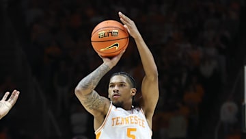 Jan 28, 2025; Knoxville, Tennessee, USA; Tennessee Volunteers guard Zakai Zeigler (5) shoots the ball against the Kentucky Wildcats during the first half at Thompson-Boling Arena at Food City Center. Mandatory Credit: Randy Sartin-Imagn Images