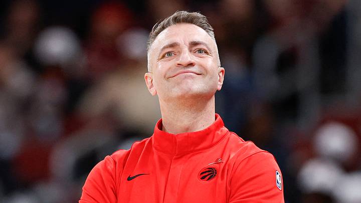 Mar 18, 2026; Chicago, Illinois, USA; Toronto Raptors head coach Darko Rajakovic reacts during the first half at United Center. Mandatory Credit: Kamil Krzaczynski-Imagn Images