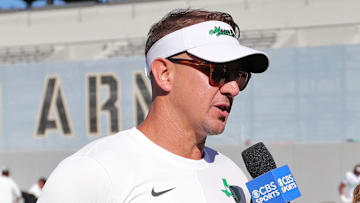 North Texas Mean Green coach Eric Morris speaks with Tina Cervasio of CBS Sports after beating Army 45-38 in overtime at Michie Stadium.