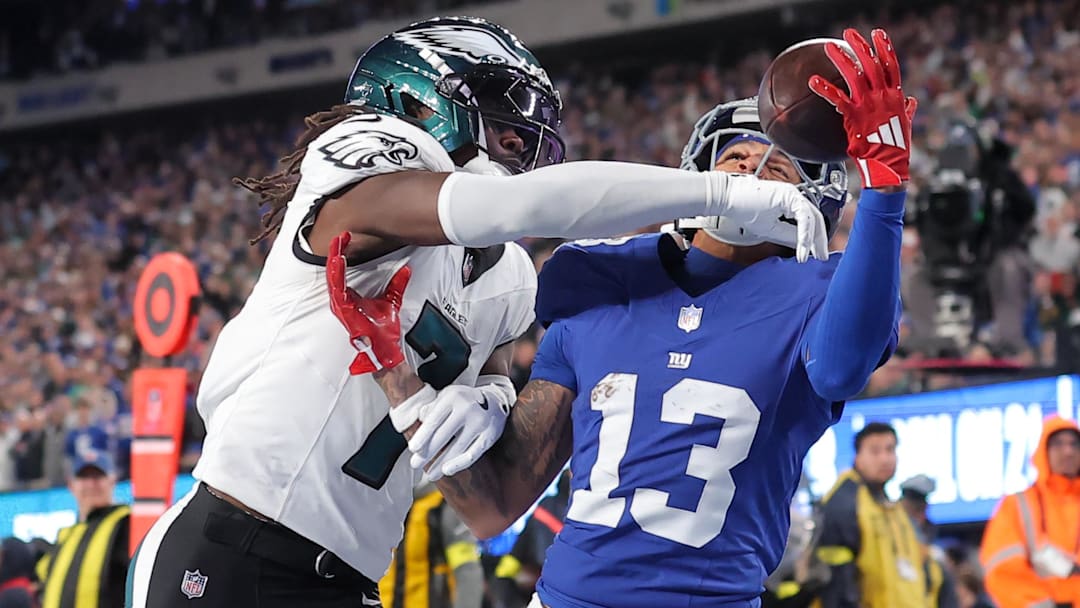 Philadelphia Eagles cornerback Kelee Ringo (7) breaks up a touchdown pass intended for New York Giants wide receiver Jalin Hyatt (13) during the fourth quarter of the game at MetLife Stadium. Ringo was called for pass interference.