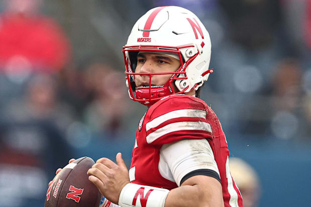 Nebraska Cornhuskers quarterback Dylan Raiola drops back to pass during the second half against the Boston College Eagles.