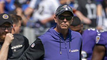 Sep 15, 2024; Baltimore, Maryland, USA; Baltimore Ravens coordinator Todd Monken on the field before the game against the Las Vegas Raiders at M&T Bank Stadium. 