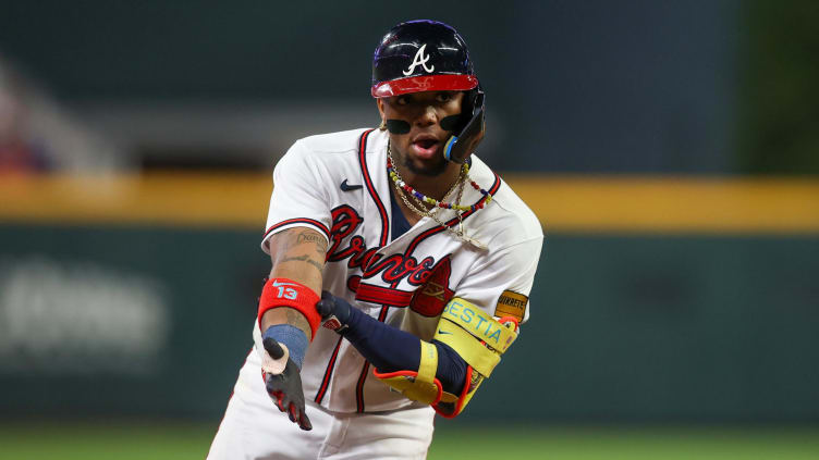 Sep 26, 2023; Atlanta, Georgia, USA; Atlanta Braves right fielder Ronald Acuna Jr. (13) reacts after