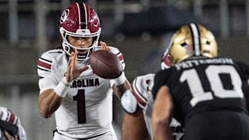 South Carolina Gamecocks quarterback Robby Ashford (1) takes the snap as he plays against Vanderbilt Commodores during the second half at FirstBank Stadium in Nashville, Tenn., Saturday, Nov. 9, 2024.
