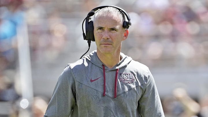 Sep 14, 2024; Tallahassee, Florida, USA; Florida State Seminoles head coach Mike Norvell looks on during the first half against the Memphis Tigers at Doak S. Campbell Stadium. Mandatory Credit: Melina Myers-Imagn Images