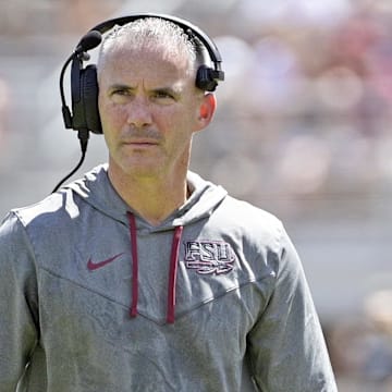 Sep 14, 2024; Tallahassee, Florida, USA; Florida State Seminoles head coach Mike Norvell looks on during the first half against the Memphis Tigers at Doak S. Campbell Stadium. Mandatory Credit: Melina Myers-Imagn Images