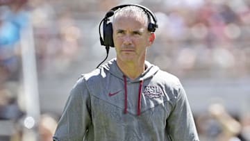 Sep 14, 2024; Tallahassee, Florida, USA; Florida State Seminoles head coach Mike Norvell looks on during the first half against the Memphis Tigers at Doak S. Campbell Stadium. Mandatory Credit: Melina Myers-Imagn Images