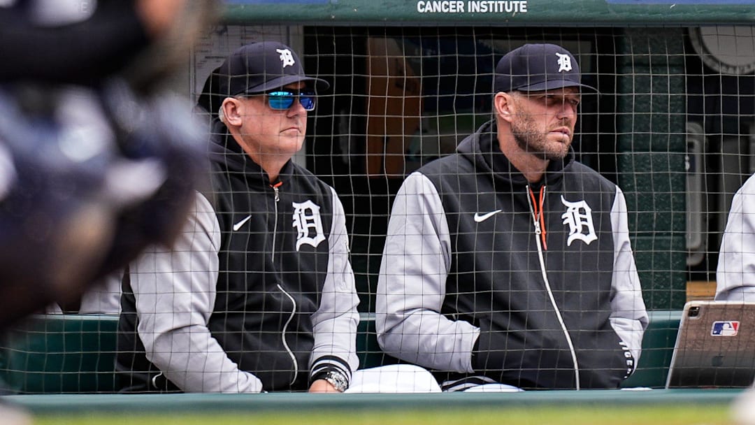 Detroit Tigers manager A.J. Hinch (14), left, and pitching coach Chris Fetter (41) watch a play against New York Yankees during the second inning at Comerica Park in Detroit on Wednesday, April 9, 2025.