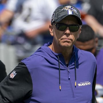 Sep 15, 2024; Baltimore, Maryland, USA; Baltimore Ravens offensive coordinator Todd Monken on the field before the game against the Las Vegas Raiders  at M&T Bank Stadium. Mandatory Credit: Tommy Gilligan-Imagn Images