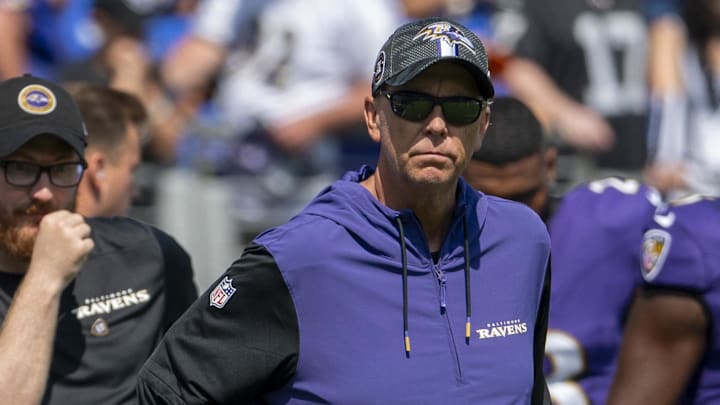 Sep 15, 2024; Baltimore, Maryland, USA; Baltimore Ravens offensive coordinator Todd Monken on the field before the game against the Las Vegas Raiders at M&T Bank Stadium. Mandatory Credit: Tommy Gilligan-Imagn Images