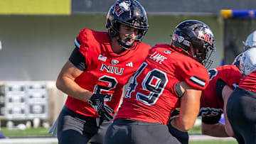 Ethan Hampton (#2) and Brock Lampe (#49) in action during...