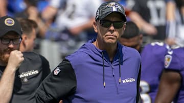 Sep 15, 2024; Baltimore, Maryland, USA; Baltimore Ravens coordinator Todd Monken on the field before the game against the Las Vegas Raiders  at M&T Bank Stadium. Mandatory Credit: Tommy Gilligan-Imagn Images