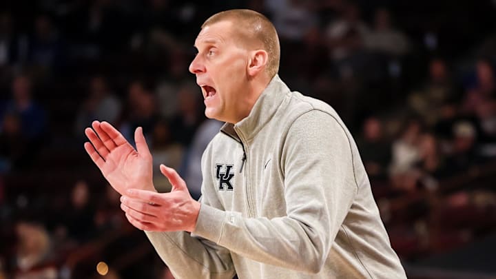 Feb 24, 2026; Columbia, South Carolina, USA; Kentucky Wildcats head coach Mark Pope directs his team against the South Carolina Gamecocks during the first half at Colonial Life Arena. Mandatory Credit: Jeff Blake-Imagn Images